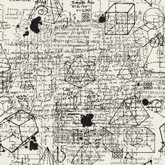 Abstract seamless pattern with overlay hand-drawn geometric figures and on handwritten Lorem ipsum text an old paper backdrop. Vector background in the style of sketches and drafts of diary notes