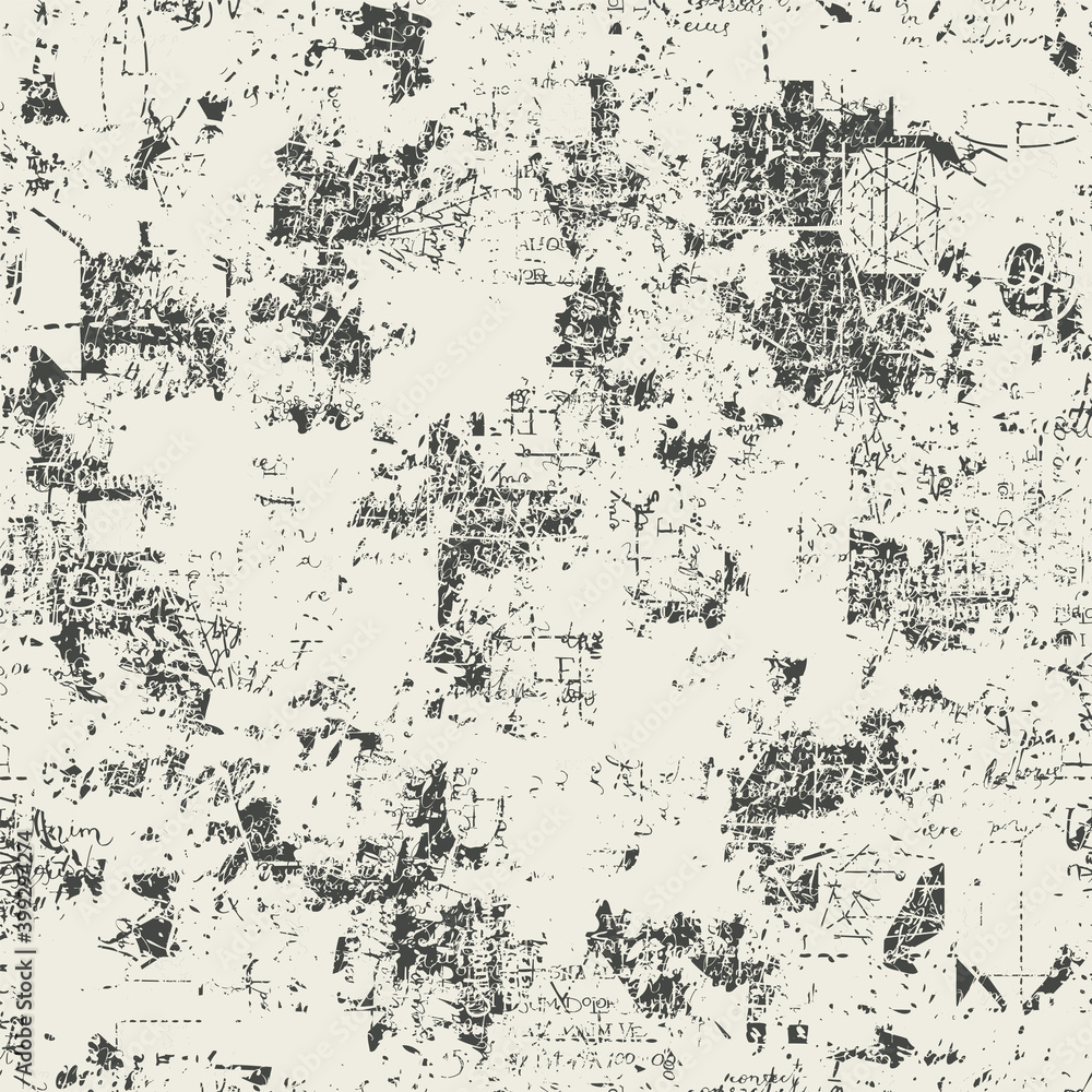 Poster abstract seamless pattern with handwritten unreadable text lorem ipsum and geometric figures on the 