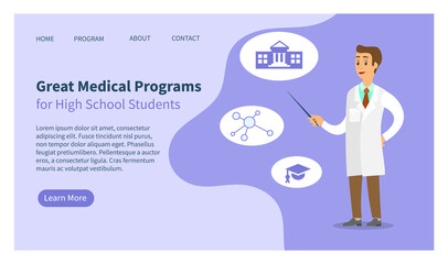 Program landing page template. Medical app for studying from anywhere. Website for learning in medical institutions. Man with pointer talks about medical programs. Professor teaches students