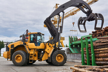 Grapple Loader Unloads Logs Onto
