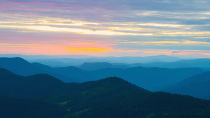 Colorful landscape of sunset in the mountains , scenic wild nature, Carpathians, Ukraine