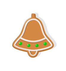 Christmas cookie bell with bright green points. Traditional holiday shape of gingerbread. Single sign in realistic style isolated on white vector