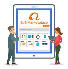 B2b marketplace website at digital tablet. Businessman and woman analysing information. Thoughtful man looking at screen. Woman with tablet in hands making online purchases at site, shopping