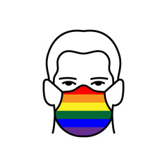 Man rainbow LGBT flag on medical mask icon avoid COVID-19 coronavirus.