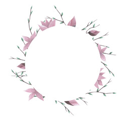 Blooming spring collection. Hand-drawn isolated frame. Wreath of blooming branches