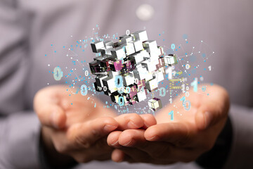 Data cloud storage network from lines, triangles and particle style design.