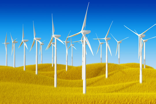 Wind turbines on yellow hills. Windmills on agricultural field. Generators of green energy. 3d rendering illustration. High resolution.