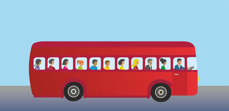 Group of people in bus, variation of orgins. Vector illustration. EPS10.