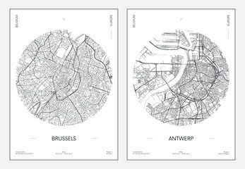 Obraz premium Travel poster, urban street plan city map Brussels and Antwerp, vector illustration