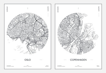 Travel poster, urban street plan city map Oslo and Copenhagen, vector illustration - obrazy, fototapety, plakaty
