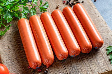 sausage semifinished fast food meat pork, beef or chicken ready to eat meal snack ingredient top view copy space for text food background rustic