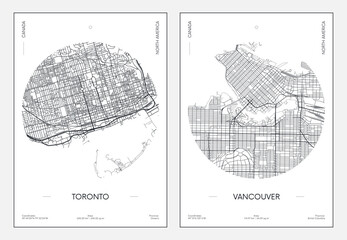 Travel poster, urban street plan city map Toronto and Vancouver, vector illustration
