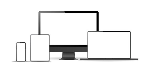 Set of realistic monitor, laptop, tablet, phone on a white background. Collection realistic devices in a imac, Macbook, ipad, iphone style