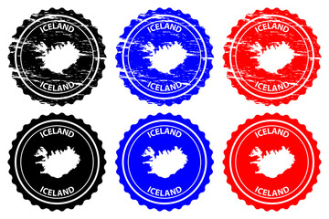 Iceland - rubber stamp - vector, Iceland map pattern - sticker - black, blue and red