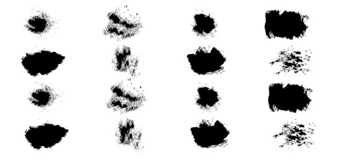 Set of different ink brush strokes, splashes, grungy brushes. Collection watercolor paint brush strokes on white background. Grunge texture. Dirty ink smear stains. Artistic design elements.