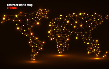 Technology polygonal world map. Global earth map with glowing dots and lines, network connections