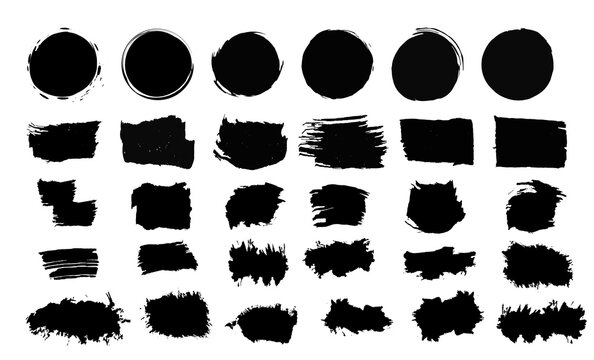 Big bundle of black grunge ink brush strokes, splashes, smears, stains. Grunge hand drawn brush stroke paint boxes. Round shapes. Artistic design elements for frame, banners, social media, overlays
