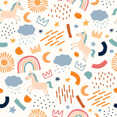 Seamless kids pattern with hand drawn elements. Creative Scandinavian kids texture for fabric, wrapping, textile, wallpaper, apparel. Vector seamless pattern illustration. 