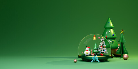 snow globe and Christmas tree with snowman in green composition for website or poster or Happiness cards,Christmas banner and festive New Year, realistic 3d illustration or 3d render