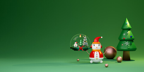 snow globe and Christmas tree with snowman in green composition for website or poster or Happiness cards,Christmas banner and festive New Year, realistic 3d illustration or 3d render