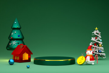 Podium empty and snowman with gold coin and Christmas tree in green composition for website or poster or Happiness cards,Christmas banner and festive New Year, realistic 3d illustration or 3d render