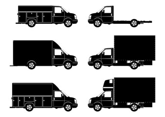 Modern truck icon. A set of six delivery trucks in various configurations. Flat vector.