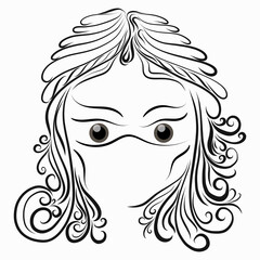 black and white head of a masked girl with long curly hair and big eyes