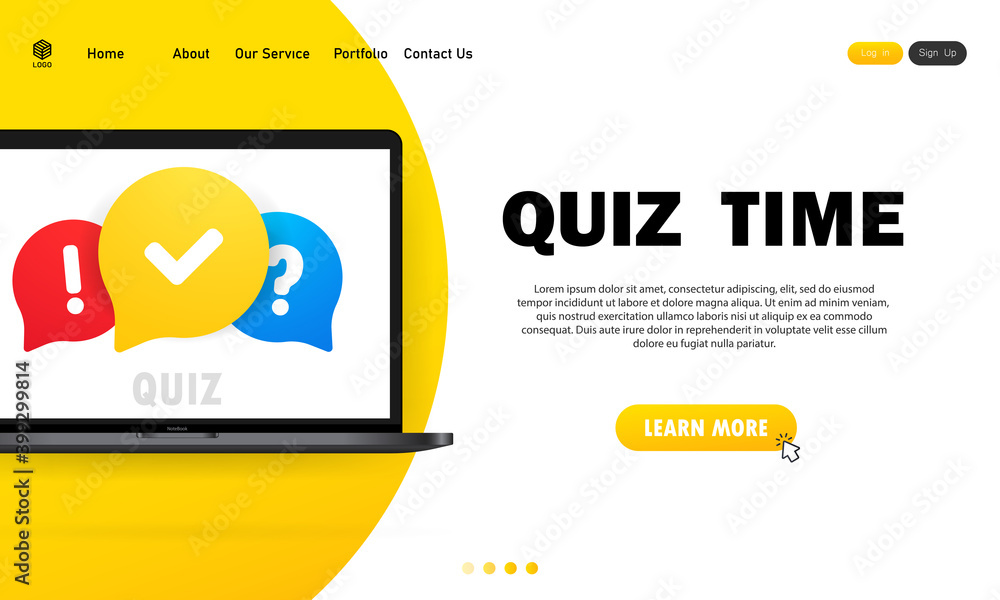 Poster quiz online on laptop. the concept is the question with the answer. quiz time. website. vector illus