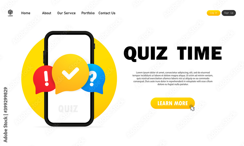 Poster quiz online on smartphone. the concept is the question with the answer. quiz time. website. vector i