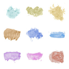 Pastel watercolor brush strokes vector set. Colorful hand painted brush strokes, splashes, brushes on white background. Watercolor paint stains. Freehand drawing. Artistic design elements