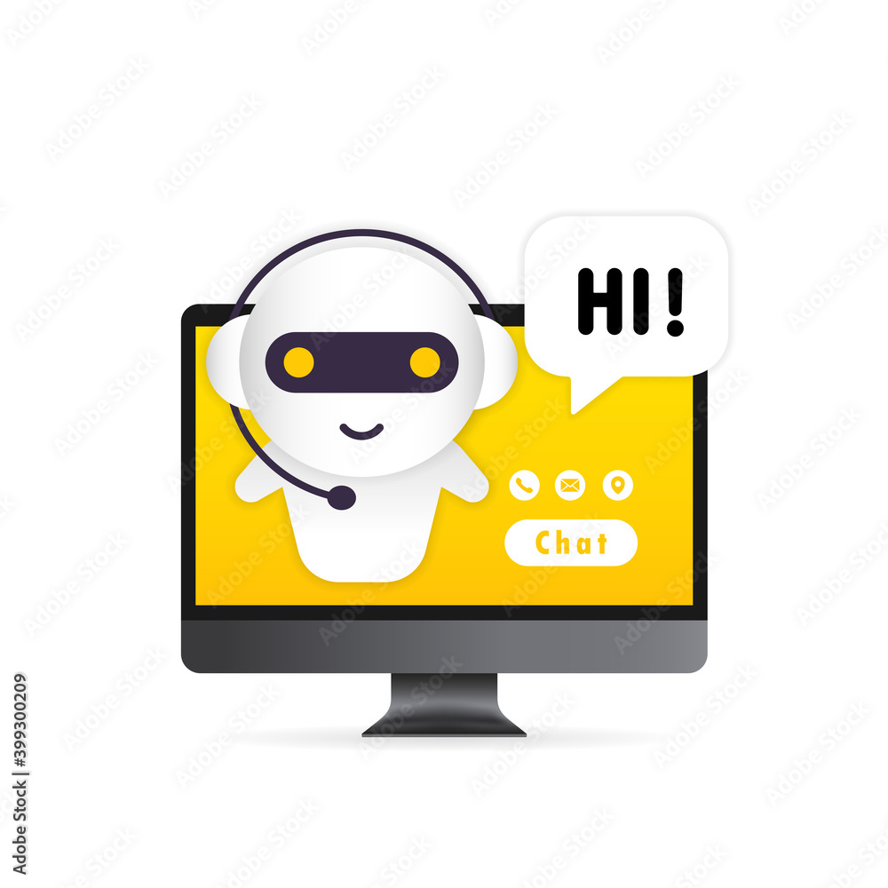 Poster chatbot in computer illustration. online assistant bot landing page template. dialog, message. techn