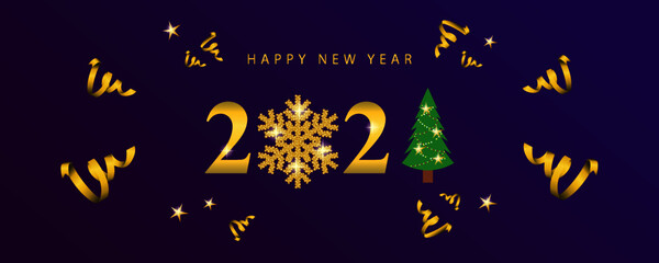 Happy new year 2021 background with golden snowflakes. New year celebration greeting with golden ribbons and stars. Vector illustration.