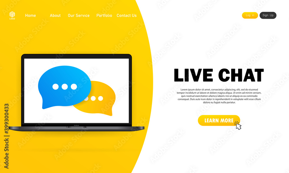 Poster live chat banner. message icon in flat design on laptop. communication. conversation sign. vector on