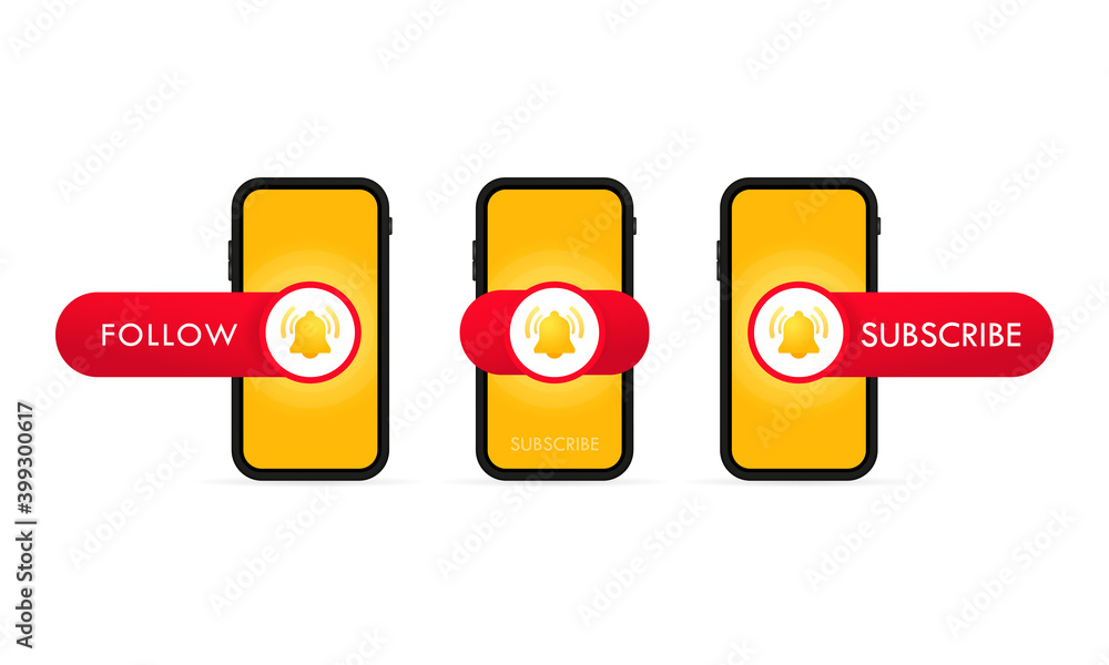Poster subscribe button template with the notification bell on smartphone screen. video channel. red button
