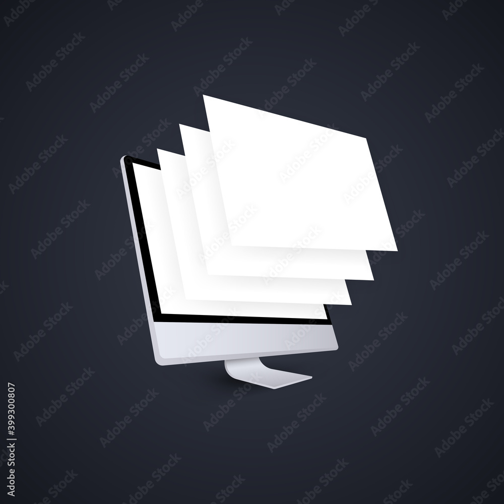 Aufkleber computer monitor mockup with blank wireframing pages. monitor perspective side view. computer monito