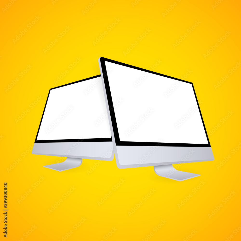 Poster computer monitor mockup with perspective side view. computer monitor with blank screen. vector illus