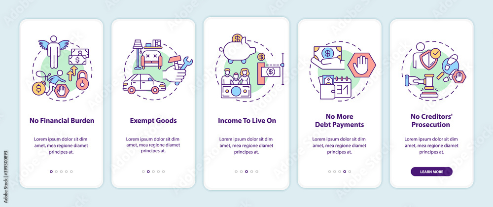 Poster Debt free benefit onboarding mobile app page screen with concepts. Family budget. No financial burden walkthrough 5 steps graphic instructions. UI vector template with RGB color illustrations