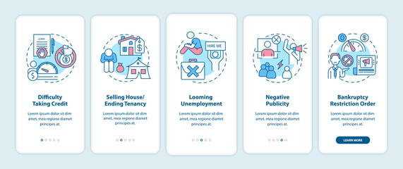 Bankruptcy negative impact onboarding mobile app page screen with concepts. Difficulty taking credit walkthrough 5 steps graphic instructions. UI vector template with RGB color illustrations