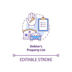 Fototapeta premium Debtor property list concept icon. Mortgage for real estate. Creditor contract. Financial report. Bankruptcy idea thin line illustration. Vector isolated outline RGB color drawing. Editable stroke