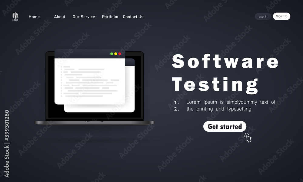 Poster software testing banner. development, programming, coding on laptop illustration. vector on isolated