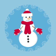 Snowman in red mittens with snowflakes on a blue background
