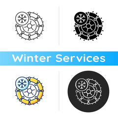 Studded tires and chains icon. Lifehack for auto owners in winter period. Moving on car while snow is falling. Linear black and RGB color styles. Isolated vector illustrations