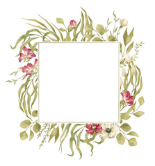 Watercolor frame with greenery and flowers. Wild  flowers and meadow herbs. Botanical frame with nature elements, leaves, plants, branches. Bud, flowers, leaf for invitation, greeting card