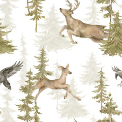 Watercolor seamless pattern with forest wild landscape. Fir trees, deers, raven. Backgound with wild woodland animals, reindeer, crow, spruce. 