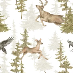Crédence de cuisine en verre imprimé Animaux de la forêt Modèle sans couture aquarelle avec paysage sauvage de la forêt. Sapins, cerfs, corbeau. Arrière-plan avec des animaux sauvages des bois, rennes, corbeaux, épicéas.