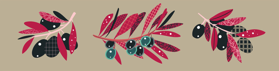 vector set olive branch with abstract texture