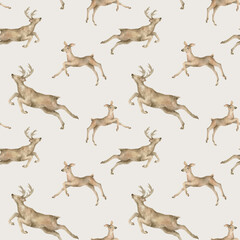 Watercolor seamless pattern with deers. Wild forest animals. Running reindeer. Wildlife background