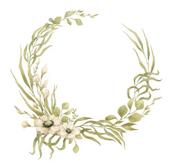 Watercolor wreath with green foliage and flowers. Floral frame with summer plant, leaf, flowers, branches. Nature ornament. Botanical illustration for invitation, card, covers