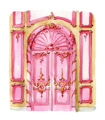 Watercolor illustration. Classic stile blue door framed by carved facade moldings and lamps on the sides. Bright illustration for greeting cards.