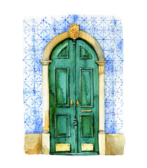 watercolor illustration. Classic green door in the wall with blue tiles. Bright illustration for greeting cards.